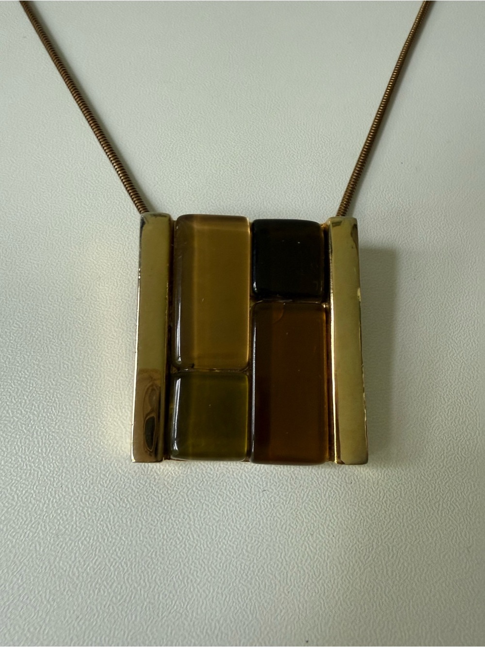 Gold-Tone Brown Glass Tile Pendant Necklace